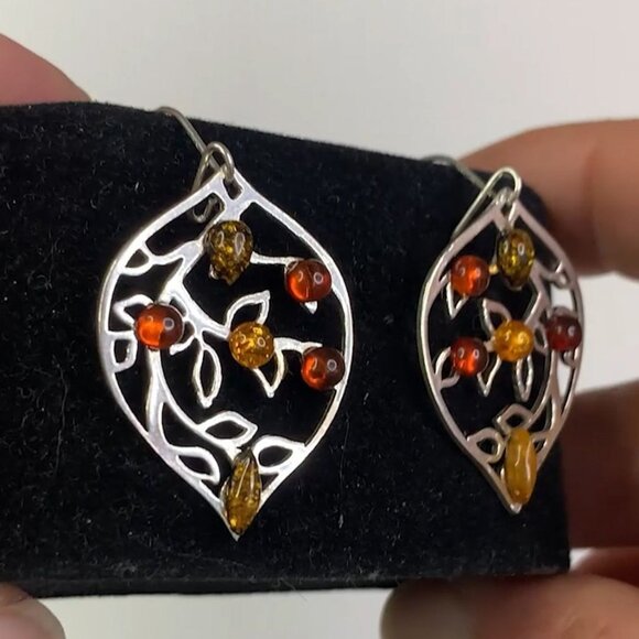 Sterling Silver 925 Amber Leaf Design Drop Dangle Earrings With 6 Amber Stones - Picture 6 of 9